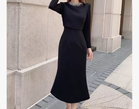 欧洲站女装法式秋冬新款修身假两件气质优雅连...