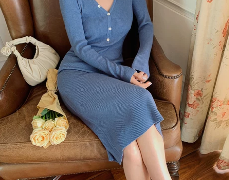 岛歌夫人 V领针织裙连衣裙修身显瘦收腰包臀...