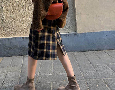 秋冬季毛呢格子半身裙女复古中长款高腰显瘦开...