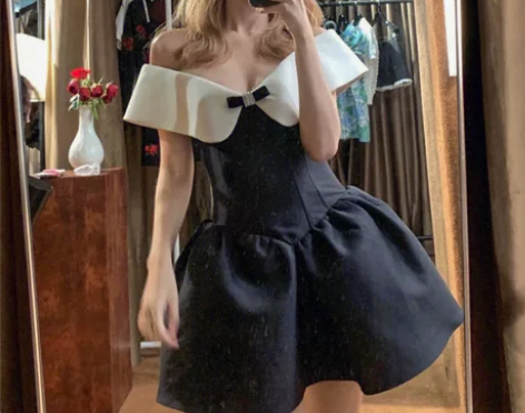 法式复古黑白拼色性感一字肩抹胸连衣裙赫本风...