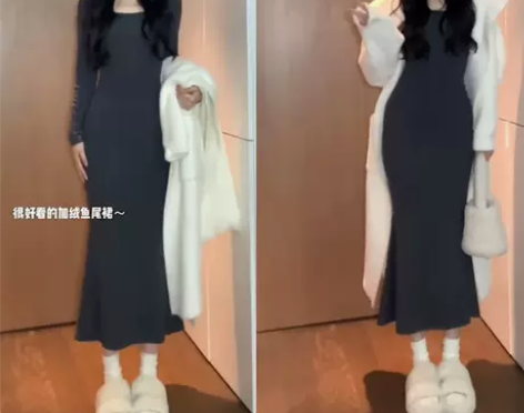 【棉磨毛高品质】长款鱼尾裙秋冬季修身显瘦打...