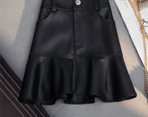 2021秋冬季新款女皮裙高腰显瘦包臀荷叶边...