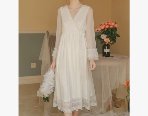 宫廷睡裙女性感春秋薄款蕾丝夏季冰丝复古长袖...