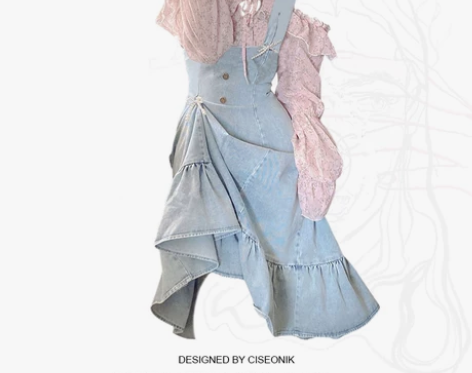 大码胖妹妹韩风纯欲荷叶边牛仔背带裙女设计感...