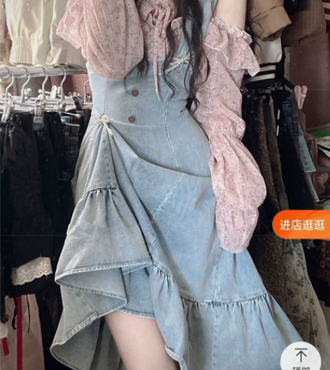 大码胖妹妹韩风纯欲荷叶边牛仔背带裙女设计感...