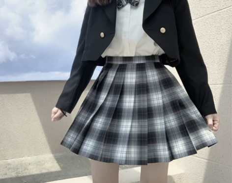 【无二jk】猫与月黑白格裙+小物 裙长45...
