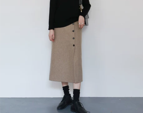 [左公斤右千克]侧边扣子复古高腰中裙半身裙...