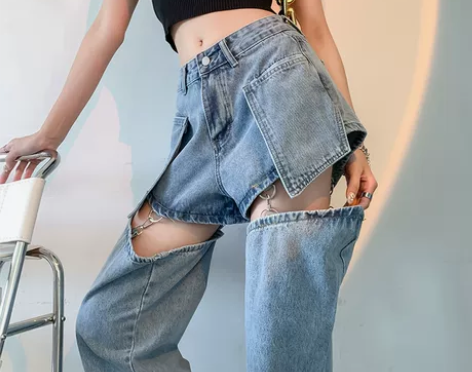 【狂欢价】高腰破洞牛仔裤女夏天薄款阔腿裤短...