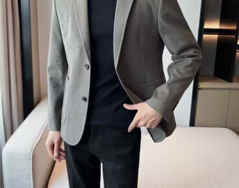 轻熟风呢料小西装男修身韩版秋冬季新款简约高...