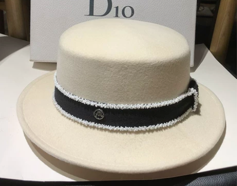 欧美珍珠织带礼帽复古M标宽檐平顶羊毛呢爵士...