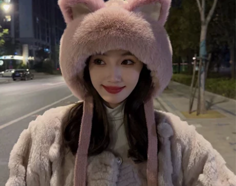 狐狸耳朵帽子女冬天甜美可爱针织毛线雷锋帽加...