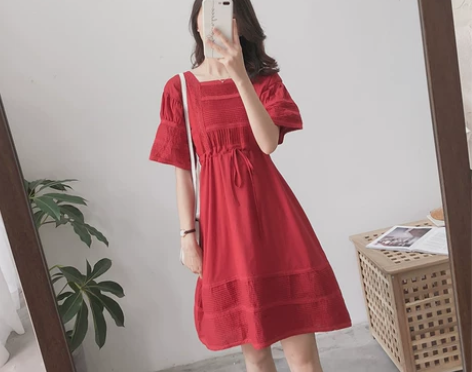 小红裙法式复古桔梗初恋少女夏裙子小个子收腰...