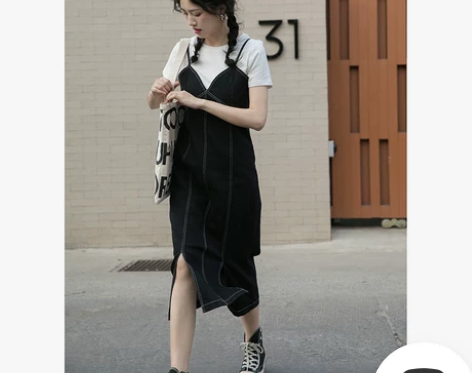 觅定复古法式黑色牛仔吊带连衣裙女夏显瘦气质...