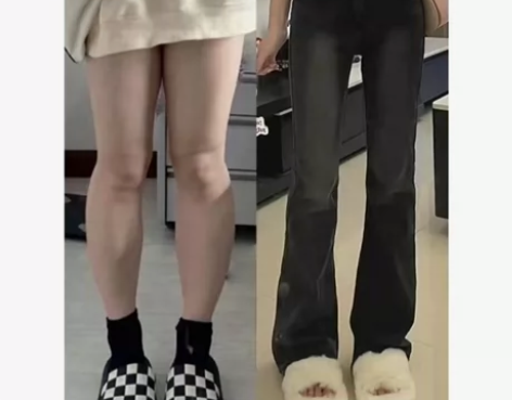 大码胖mm微喇牛仔裤女秋冬季加绒烟灰高腰显...