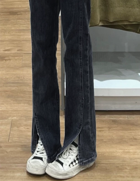 牛仔裤女 牛仔长裤黑灰色开叉女夏设计感小众...