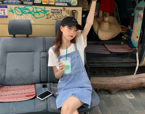 陆小团团韩版休闲盐系少女a字牛仔背带裙女夏...