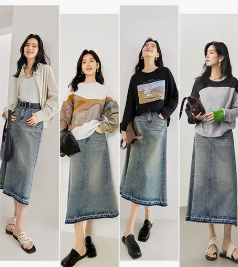 对白复古开叉牛仔半身裙女2023春季水洗棉...