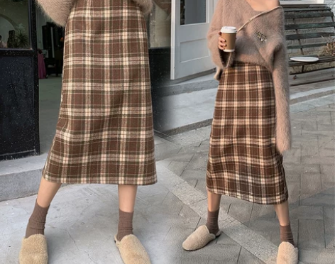 2021秋冬高腰中长款复古格子裙毛呢半身裙...
