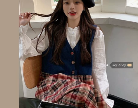 chic牛仔拼接格子背心裙女装复古港风v领...