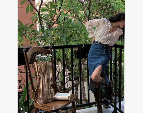 午后商店◆高腰开叉牛仔半身裙女秋季港风复古...