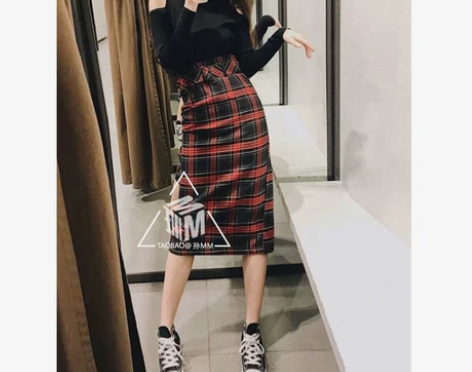 女装春秋百搭韩版高腰格纹中长裙包臀半身裙中...