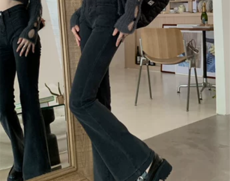 宽松小个子显瘦裤子秋冬季高腰牛仔裤黑色微喇...