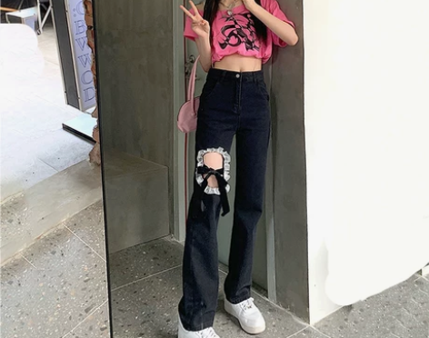 设计感蕾丝蝴蝶结破洞牛仔裤女夏薄款高腰长裤...