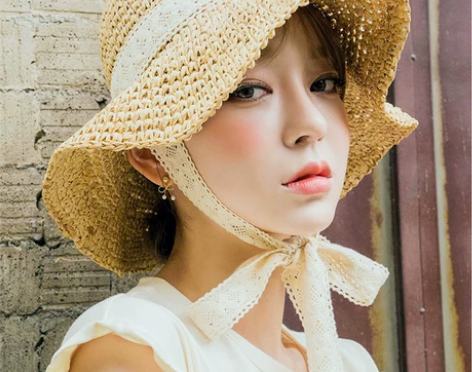 韩版蕾丝系带蝴蝶结草帽可折叠文艺时尚渔夫帽...