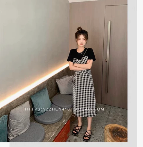 珍珍家法式拼接格子连衣裙女夏2021新款小...
