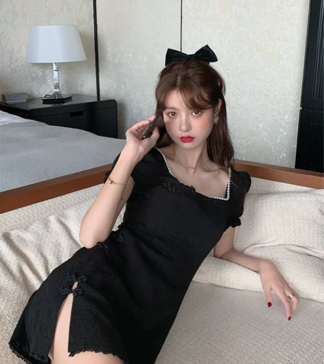 范智乔 法式小黑裙女夏复古旗袍改良版连衣裙...