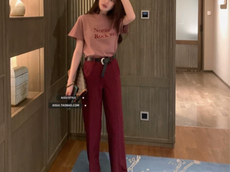 AISUI/显腿长高腰西装裤女直筒宽松复古...