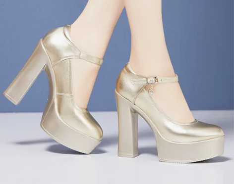 金色旗袍鞋13CM超高跟单鞋真皮模特粗跟圆...