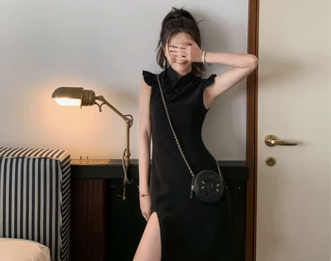 徐琳mini黑色中国风改良旗袍连衣裙女2智...