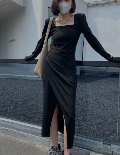 法式裙 法式长裙方领连衣裙秋冬女2022年...