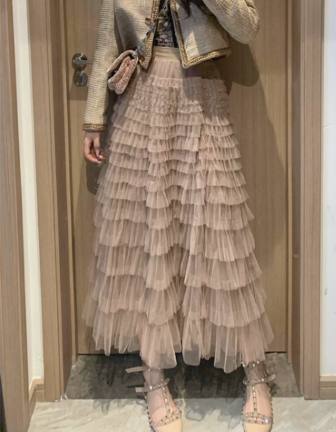 蛋糕裙半身裙层层网纱秋冬中长款温柔设计感小...
