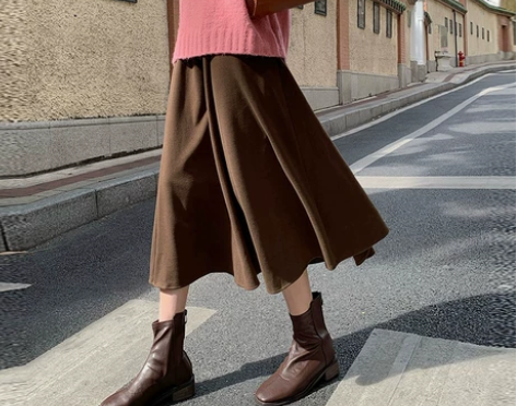 半身裙女秋冬黑色毛呢中长款高腰显瘦大摆百褶...