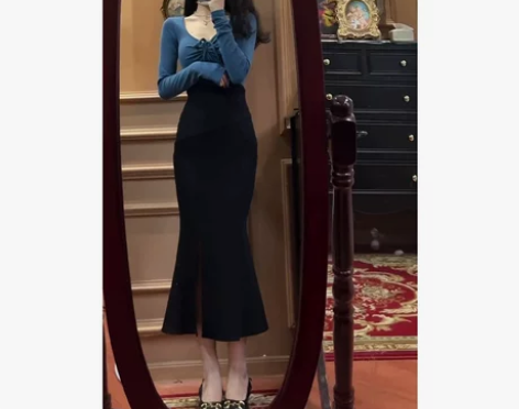 复古港风气质名媛鱼尾裙子两件套高级感女秋新...