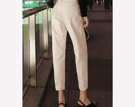 米白色休闲牛仔裤女高腰直筒宽松秋冬加绒显瘦...