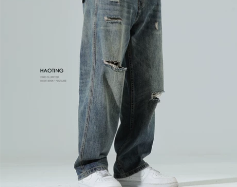 豪霆美式水洗破洞牛仔裤男宽松直筒阔腿裤ov...