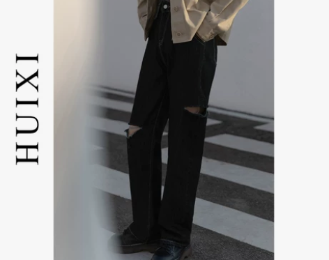 「HUIXI」破洞牛仔裤女2021新款设计...