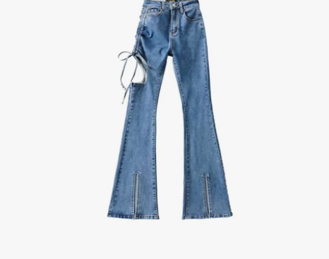 棉洋千禧辣妹高腰破洞系带微喇叭牛仔裤女in...