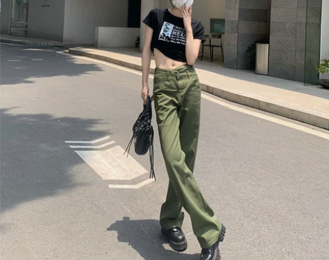 军绿色工装牛仔裤女高腰显瘦不规则设计感小众...