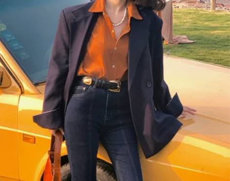 酒午港风复古女秋新款高腰显瘦微喇叭棉弹深蓝...