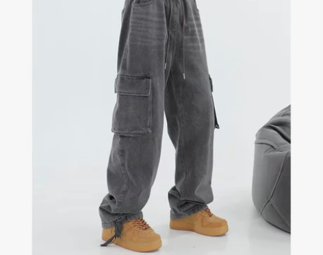 【暖春价】春季复古大口袋工装牛仔裤女美式高...