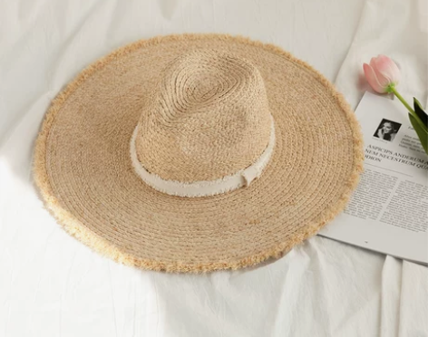 大沿拉菲草帽女夏天沙滩度假遮阳帽毛边巴拿马...