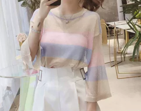 夏季2023年新款宽松彩色条纹冰丝针织衫女...