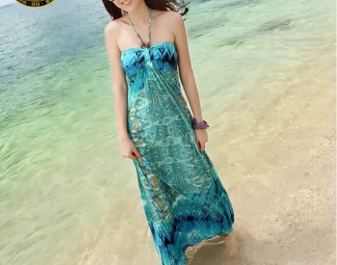 度假小姐一字领抹胸连衣裙女夏沙滩裙性感波西...