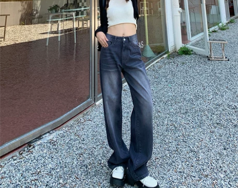 BRN辣妹银河灰阔腿牛仔裤女秋季新款高腰显...