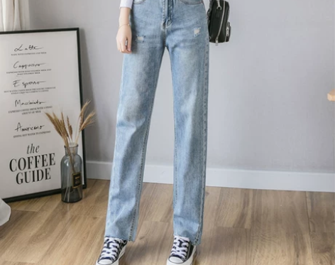 高腰牛仔裤女2021春秋新款直筒宽松显高长...