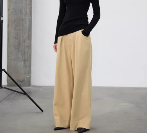 白弓秋冬设计感休闲裤复古全棉高腰牛仔裤女宽...